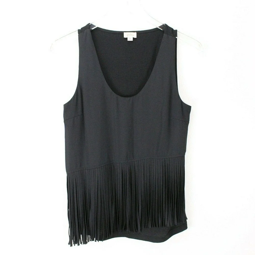 Pixley Womens Sleeveless Top Medium Black Fringe Casual Scoopneck Boho